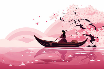 Cherry Blossom Japanese Lake with Trees and Humans in a Boat: Sakura Coloristic Graphic Vector Illustration for Mugs, T-shirts, and Merchandise