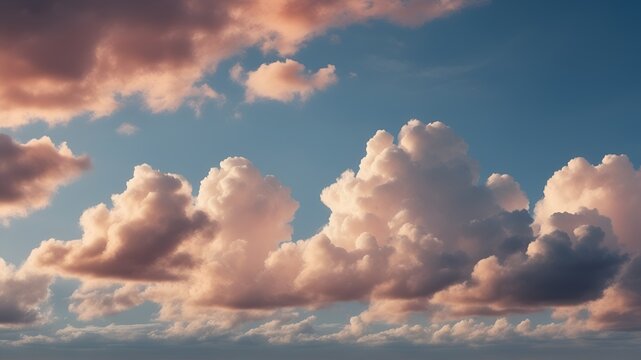 Beautiful background image of a romantic blue sky with soft fluffy Peach fuzz clouds. Panoramic natural view of a dreamy sky.
