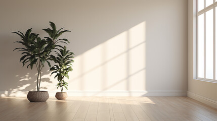 Fototapeta na wymiar 3d empty interior with home plant with sunlight and beige wooden floor