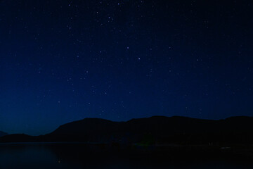 Nighttime with a deep blue sky adorned with stars, mountain outline, and a reflective lake.