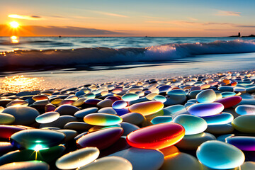 Fototapeta na wymiar Shining rainbow-colored transparent glass pebbles, waves on an open night beach, Generative AI
