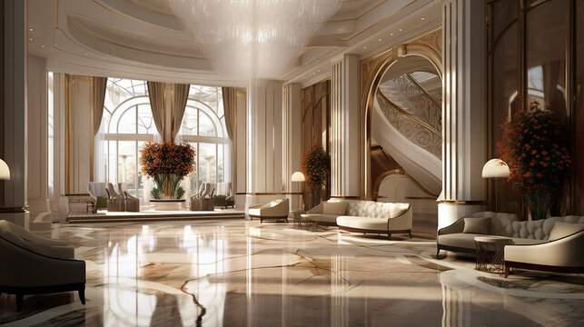luxury hotel reception lobby with sunlight 3d render