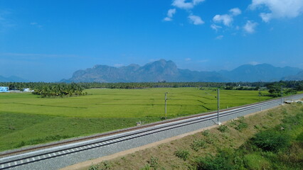 Nanjinaad paddy field and western ghats mountain range kanyakumari, Tamil Nadu