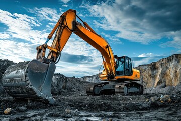 A working excavator ,large construction area