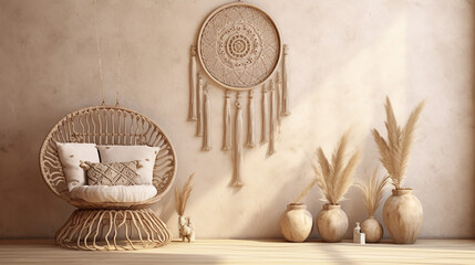 boho interior style wall mock up wall art with cream wall and beige floor 3d render