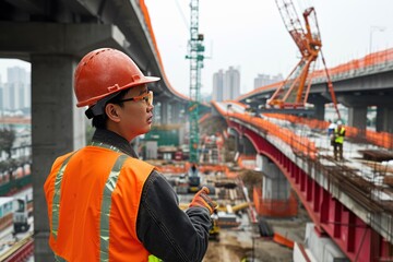 Asian Male Foreman Inspects Objects at the Construction Site 