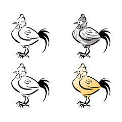 雄鶏の和風ベクターイラストセット（線画、影付き、白黒、グラデーション）。