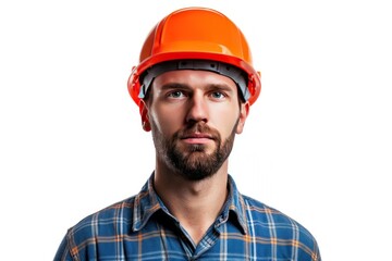 Attractive man in construction helmet isolated on white background. 