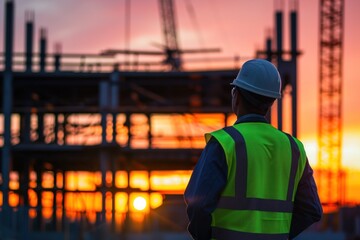 Back of engineer with steel structure in construction site during sunset 
