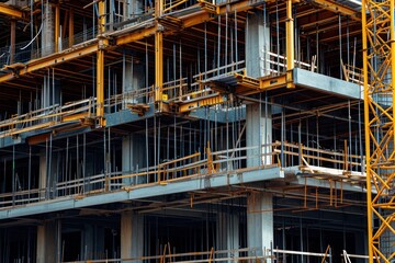 Construction site of large residential commercial building, some floors already built. 