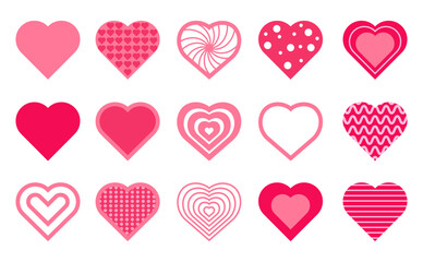 Various different heart icon love collection isolated on white background. Heart symbol collection for Valentines Day. Heart shape collection set for decorating