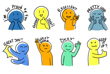 Hand drawn character illustration in various poses and emotion expression, presenting, looking forward. Good job and okay stickers. Hand drawn funny sticker set