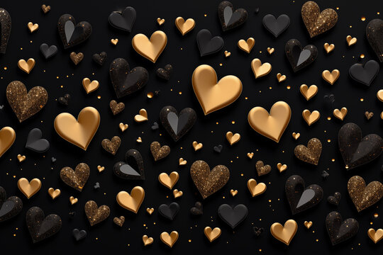 Fototapeta Valentine's Day background with golden and black hearts. 
