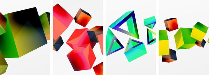 Flying 3d shapes, cubes and other geometric elements background design for wallpaper, business card, cover, poster, banner, brochure, header, website