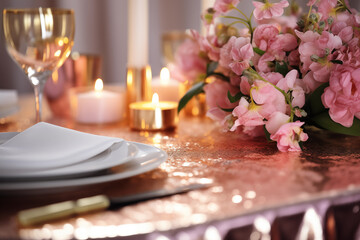 Obraz na płótnie Canvas Beautiful table setting with pink flowers and candles on blurred background