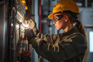 Female commercial electrician at work on a fuse box, adorned in safety gear, 