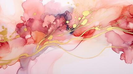 alcohol ink floral fluid art shades of colors. Golden sparkles on ink spots. Trendy invitation and greeting card design