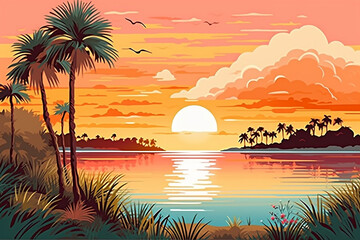 Tropical beach sunset with palm trees