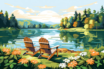 Idyllic lake view with Adirondack chairs