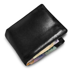 Men's black leather wallet with some money and cards in it, cut out