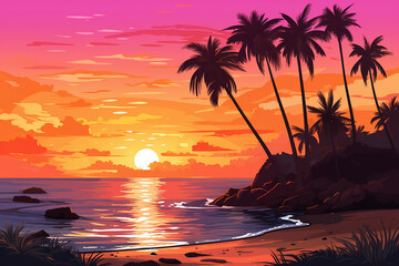Tropical beach sunset with palm trees