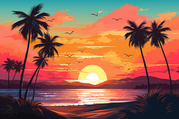 Tropical beach sunset with palm trees
