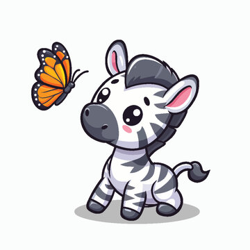 Zebra cub looking a butterfly vector cartoon illustration