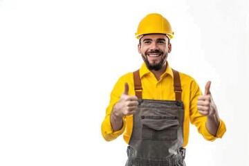 happy smiling male worker or builder and overall showing thumbs up over white background 