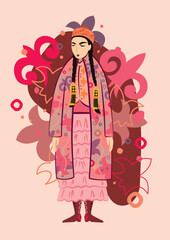 Vector illustration. A beautiful young woman in a Kazakh national costume on a background of ornaments and traditional Kazakh symbols. A postcard for Mother's Day. 