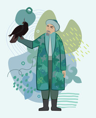 Vector illustration. An old man in a Kazakh national costume with an eagle on his arm against a background of ornaments and traditional Kazakh symbols.