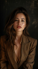 Fototapeta premium A woman in a blazer posing on a dark background