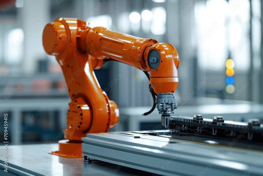 Poster industrial robot works automatically in smart autonomous factory.