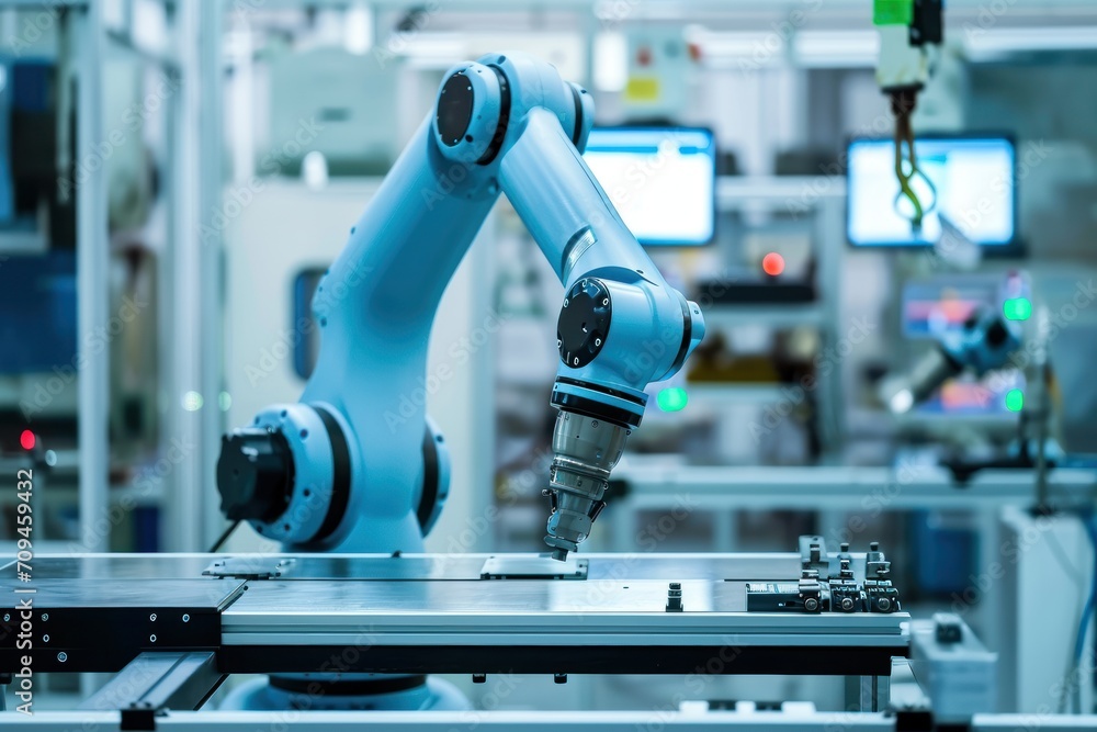 Poster industrial robot works automatically in smart autonomous factory.