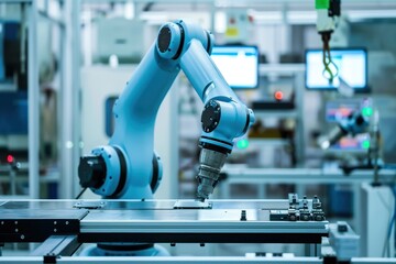 Industrial robot works automatically in smart autonomous factory. 
