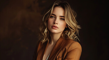 Naklejka premium A woman in a blazer posing on a dark background
