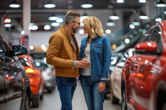 Middle Age Couple Choosing And Buying Car At  Showroom. 