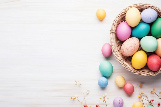 Happy easter day, Easter painted eggs in the basket on wooden rustic table for your decoration in holiday with copy space