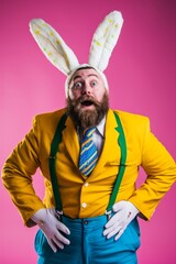 Surprised Easter Bunny Man in Yellow Suit.
Man in bunny ears with a surprised expression.
