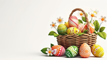 Happy easter day, Easter painted eggs in the basket on wooden rustic table for your decoration in holiday with copy space