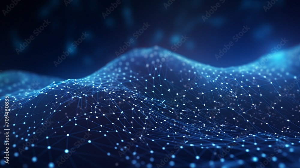 Poster dynamic blue tech pattern: abstract dots and lines for neural networks, cybersecurity, data flow, su