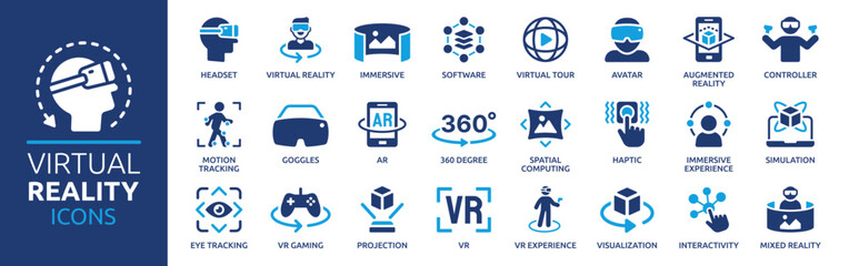 Virtual reality icon set. Containing VR, augmented reality, headset, immersive, mixed reality, AR, 360 degree and more. Solid vector icons collection.