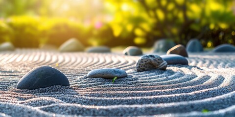 A peaceful Zen garden with raked sand and smooth stones - obrazy, fototapety, plakaty