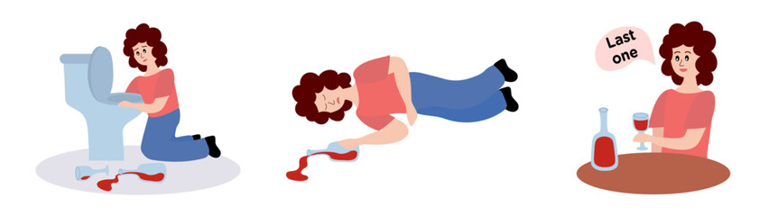 Alcohol abuse and addiction concept. Set of drunk woman with bottles and glasses of alcoholic drinks. Addicted drinkers with unhealthy habit and alcoholism. Flat vector illustration