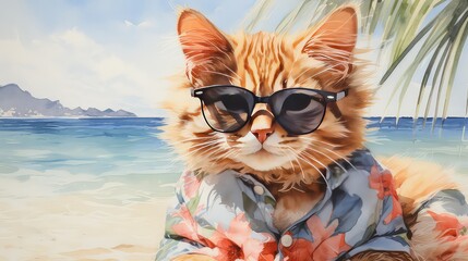 Cute tabby cat in sunglasses lying on a hammock on a tropical beach