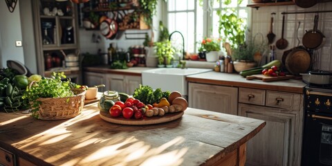 A rustic farmhouse kitchen with fresh produce on the wooden table