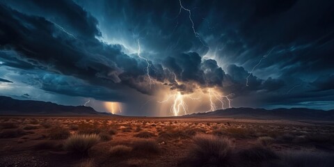 A dramatic thunderstorm over a desert landscape with lightning bolts