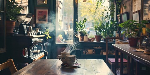 A cozy cafe interior with steaming coffee cups and vintage decor