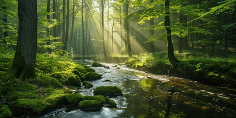 Lush green forest with a winding river and sunlight filtering through the trees