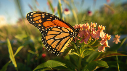 Closeup of a Monarch erfly struggling to lay its eggs on a single milkweed plant amidst a sea of mowed lawns and urban developmen