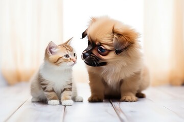Cute little kitten and dog on home interior background